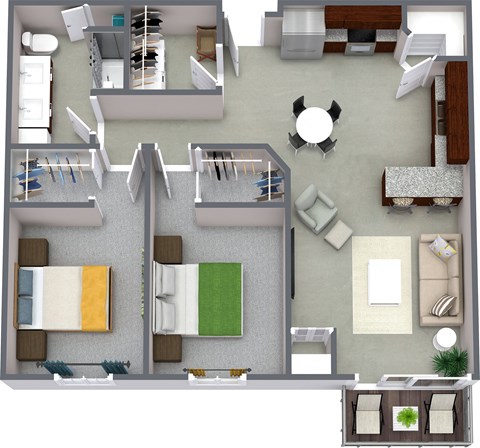 3D floorplan 2BD1BA Unit D